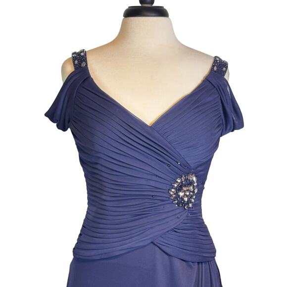 New ALEX EVENINGS Purple Ruched Bodice Draped Skirt Brooch Accent Long Gown Sz10 - Picture 2 of 11